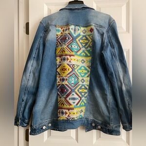 LULAROE Womens 2XL Jaxon Denim Jean Jacket Colorful Aztec Embroidery Stretch